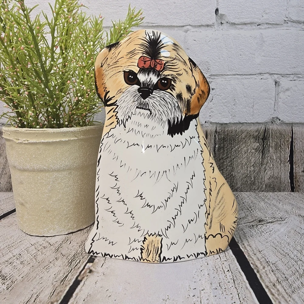 VINTAGE NINA LYMAN CERAMIC HAND PAINTED SHIH TZU DOG 8 INCH VASE